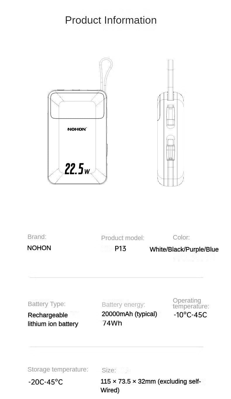 Nohon power bank 20000mah carga super rápida para iphone 16 pro max 15 14 13 ipa