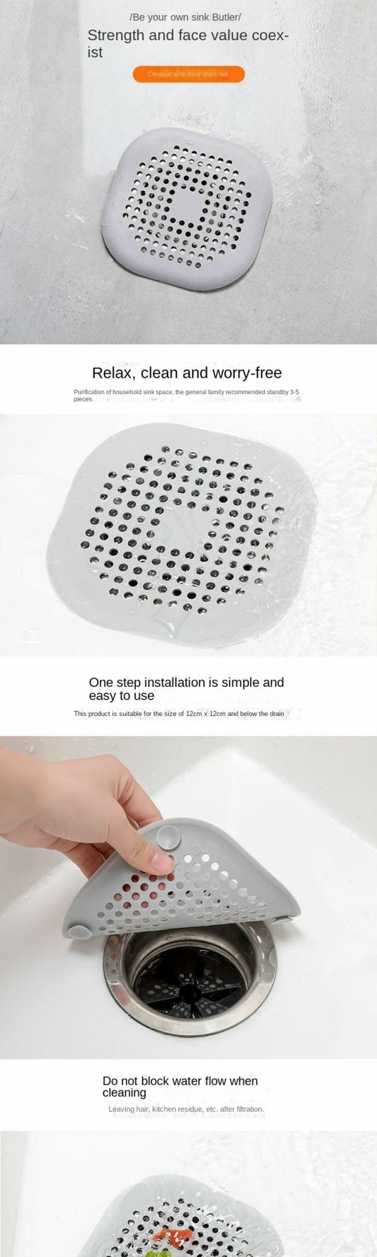 Adesivo de Silicone Quadrado para Ralo de Banheiro, Filtro de Cabelo para Esgoto